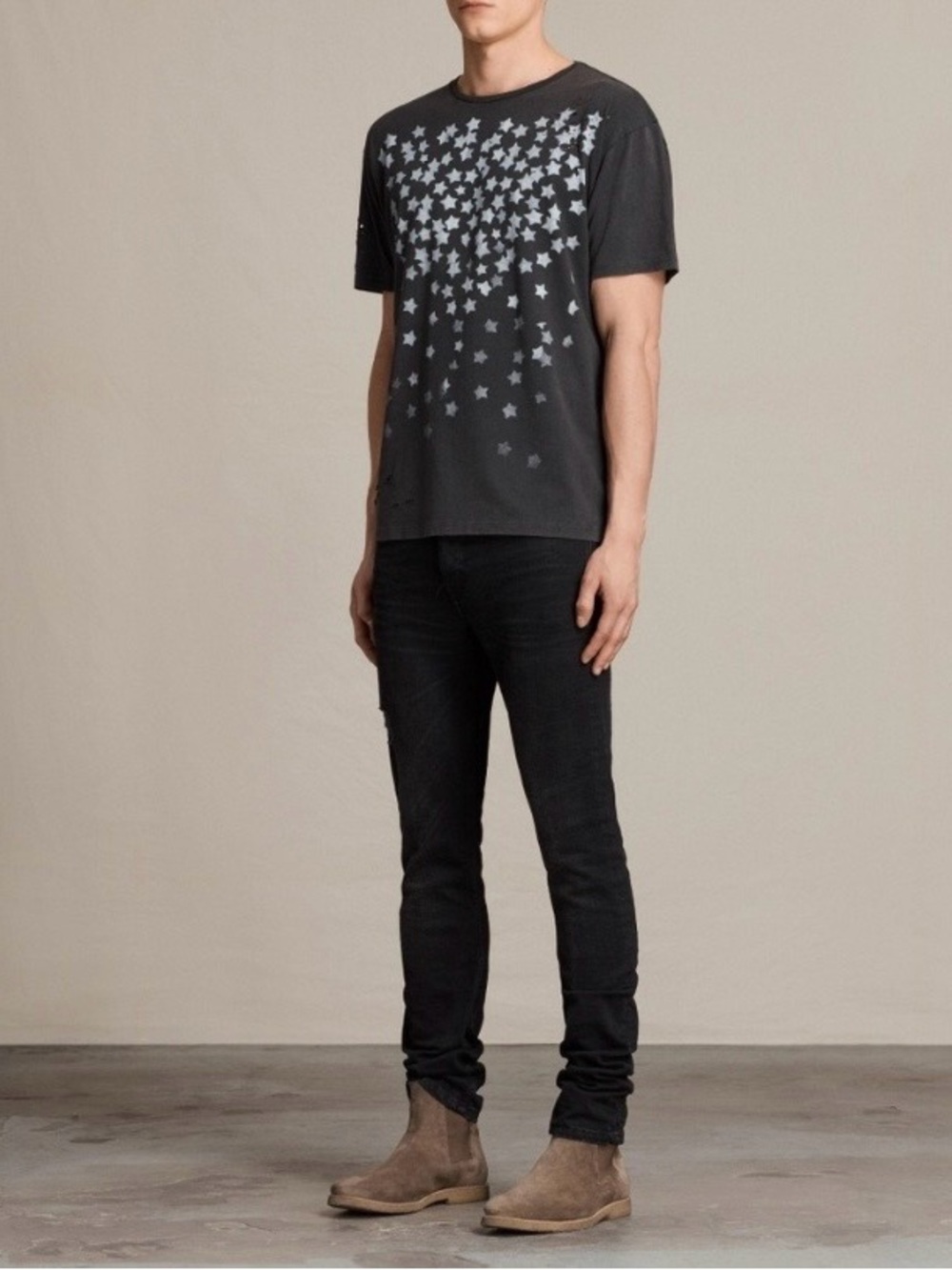 All Saints SS Sirius Crew Shirt Oversize Distressed Cotton Stars Size Medium